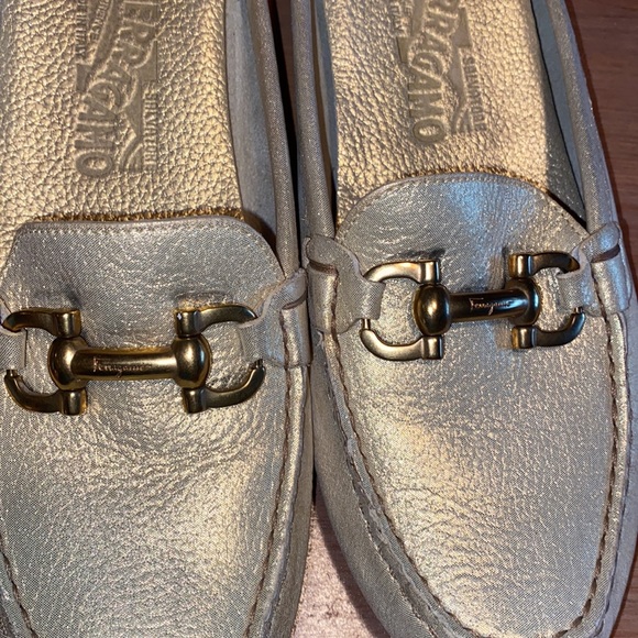 Salvatore Ferragamo Gold Leather Gancini Open Back Slip On Loafers Size … - Picture 12 of 13